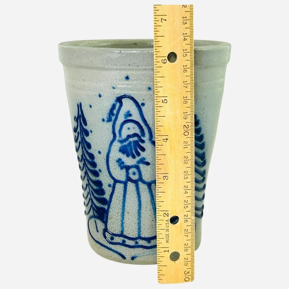 David Eldreth Pottery Santa Salt Glaze Crock Grey Blue Folk Art Vase 1989